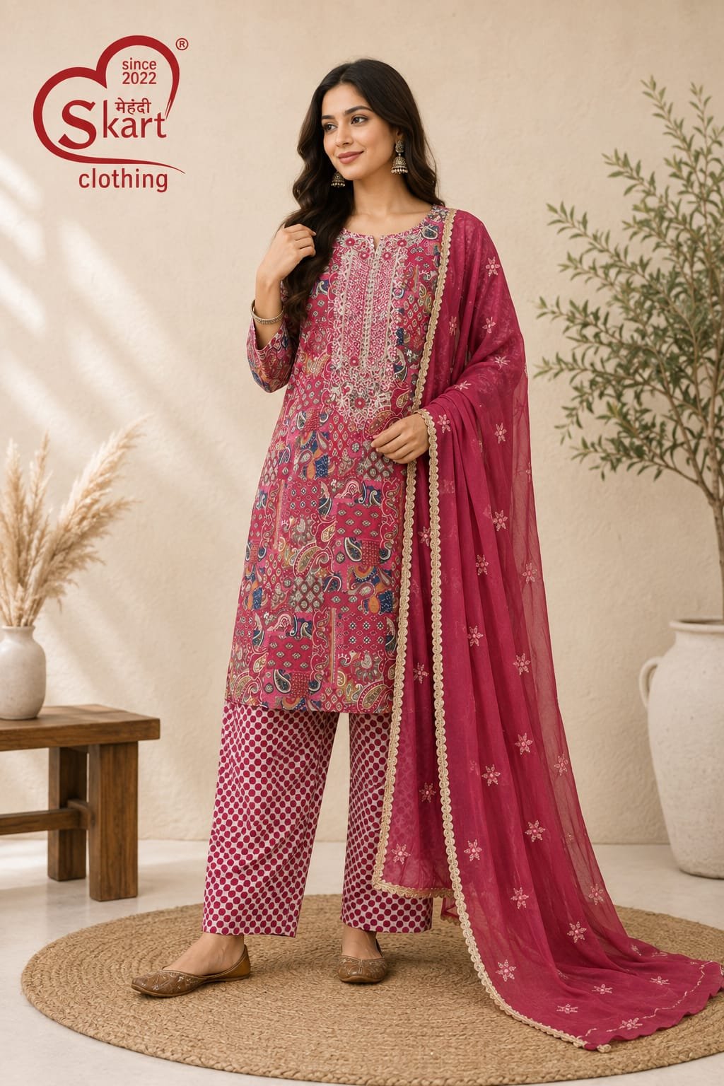 Elegant Pink Printed Cotton Suit Set with Embroidered Dupatta - View 2