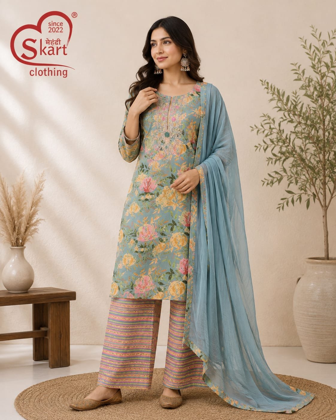 Sky Blue Floral Printed Cotton Suit Set with Dupatta - View 2