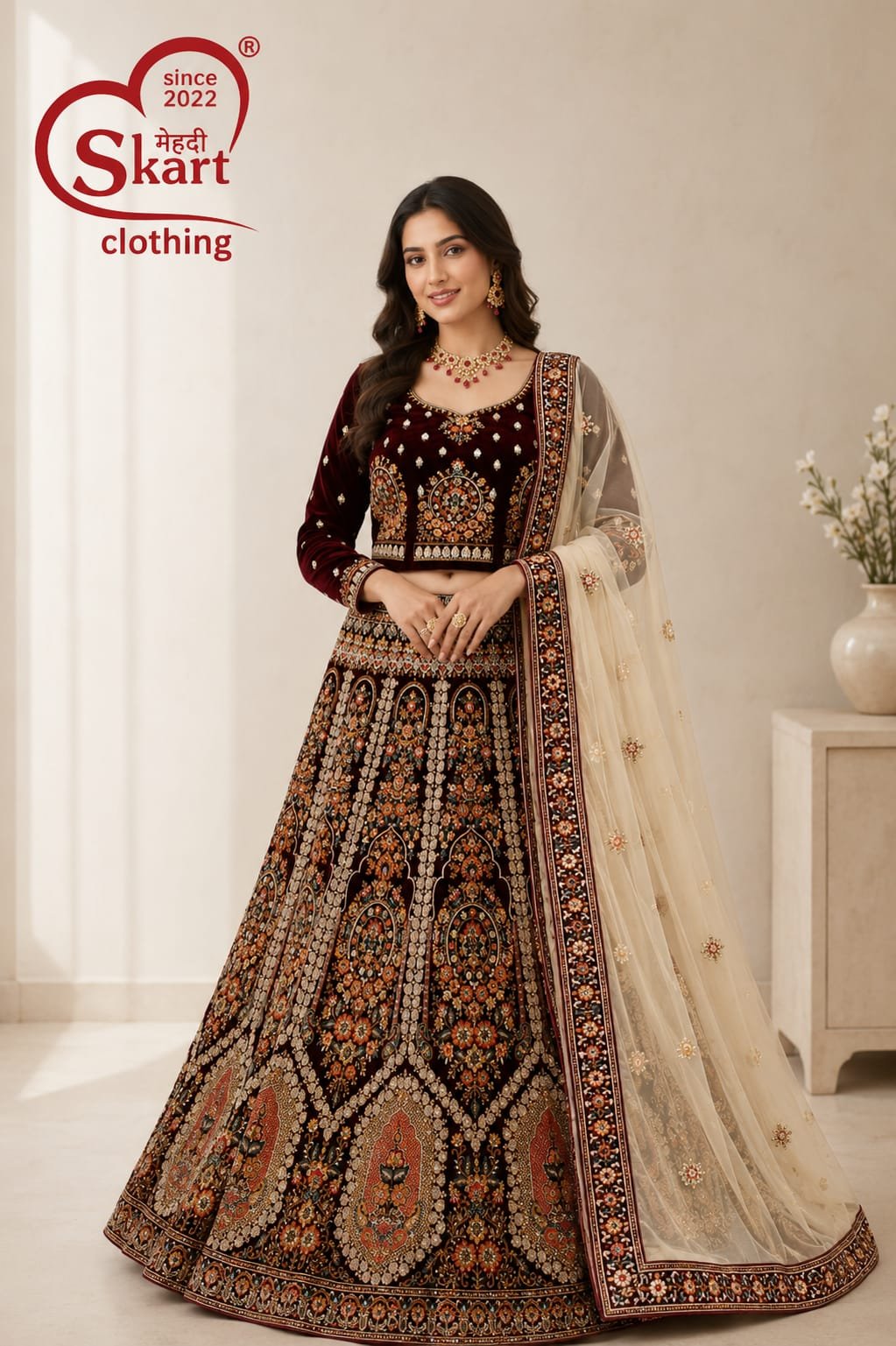Maroon & Black Printed Lehenga Choli with Organza Dupatta - View 2
