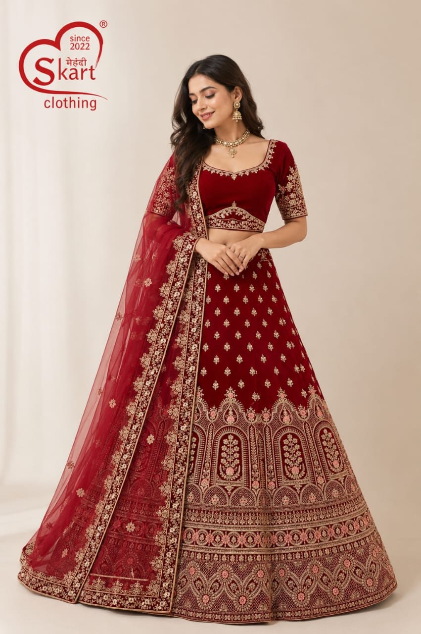 Maroon Embroidered Bridal Lehenga Choli with Dupatta - View 2