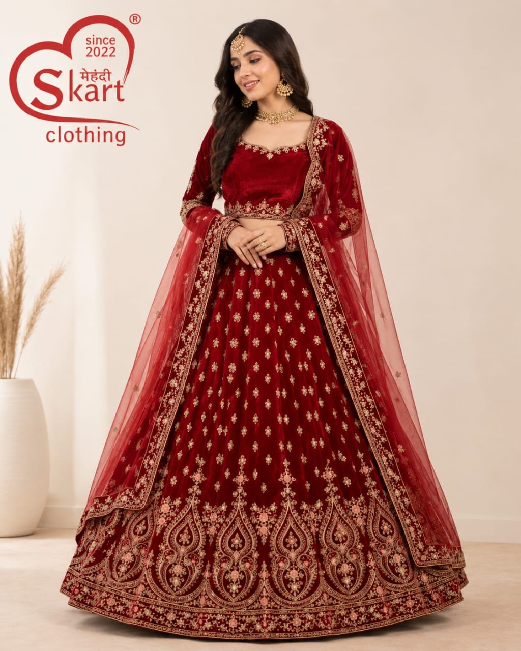 Maroon Velvet Embroidered Lehenga Choli with Sheer Dupatta - View 2