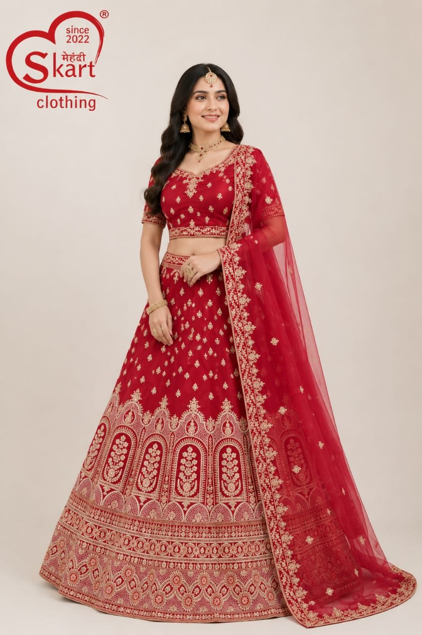 Red Embroidered Bridal Lehenga Choli with Designer Dupatta - View 2