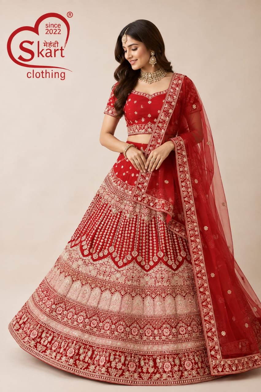 Red Designer Lehenga Choli with Intricate Embroidery & Dupatta - View 2
