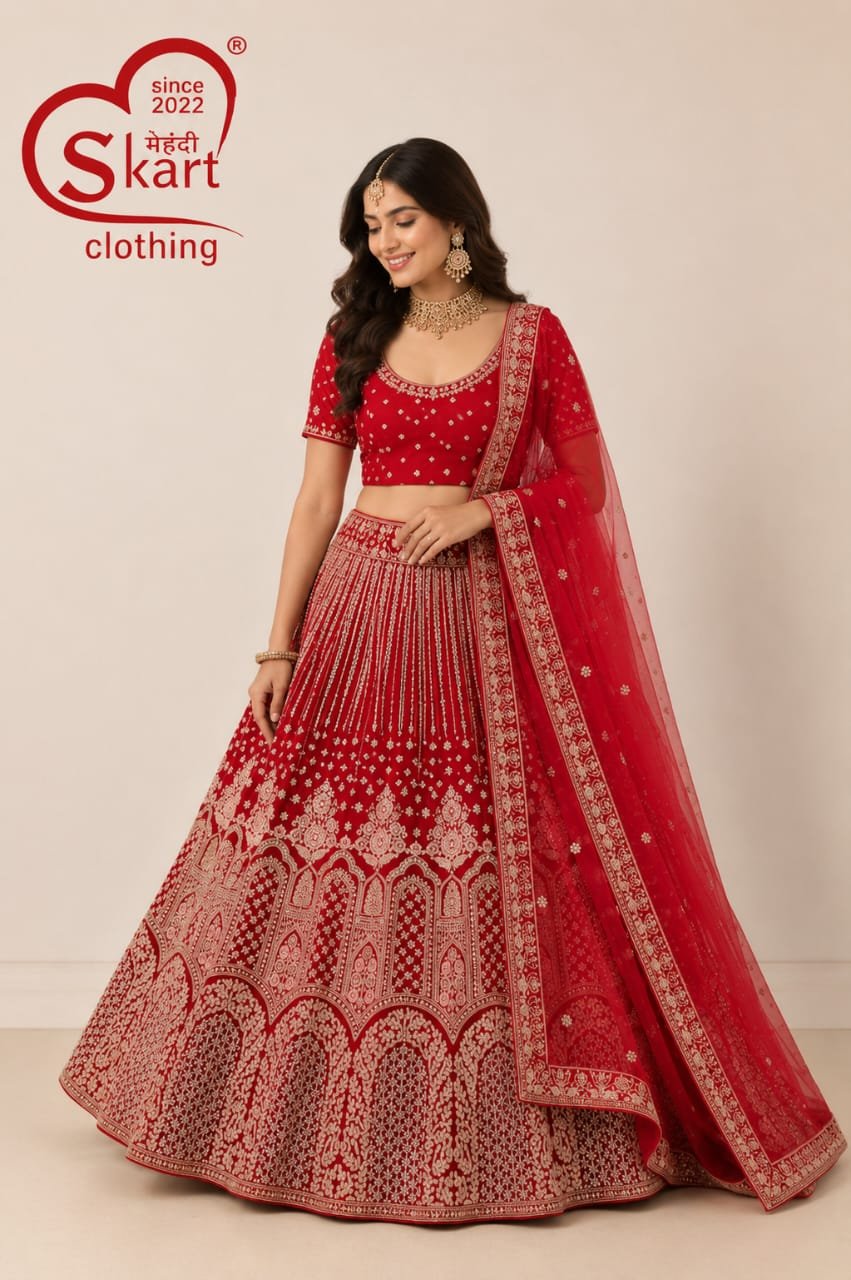 Red Embroidered Lehenga Choli with Matching Dupatta - View 2