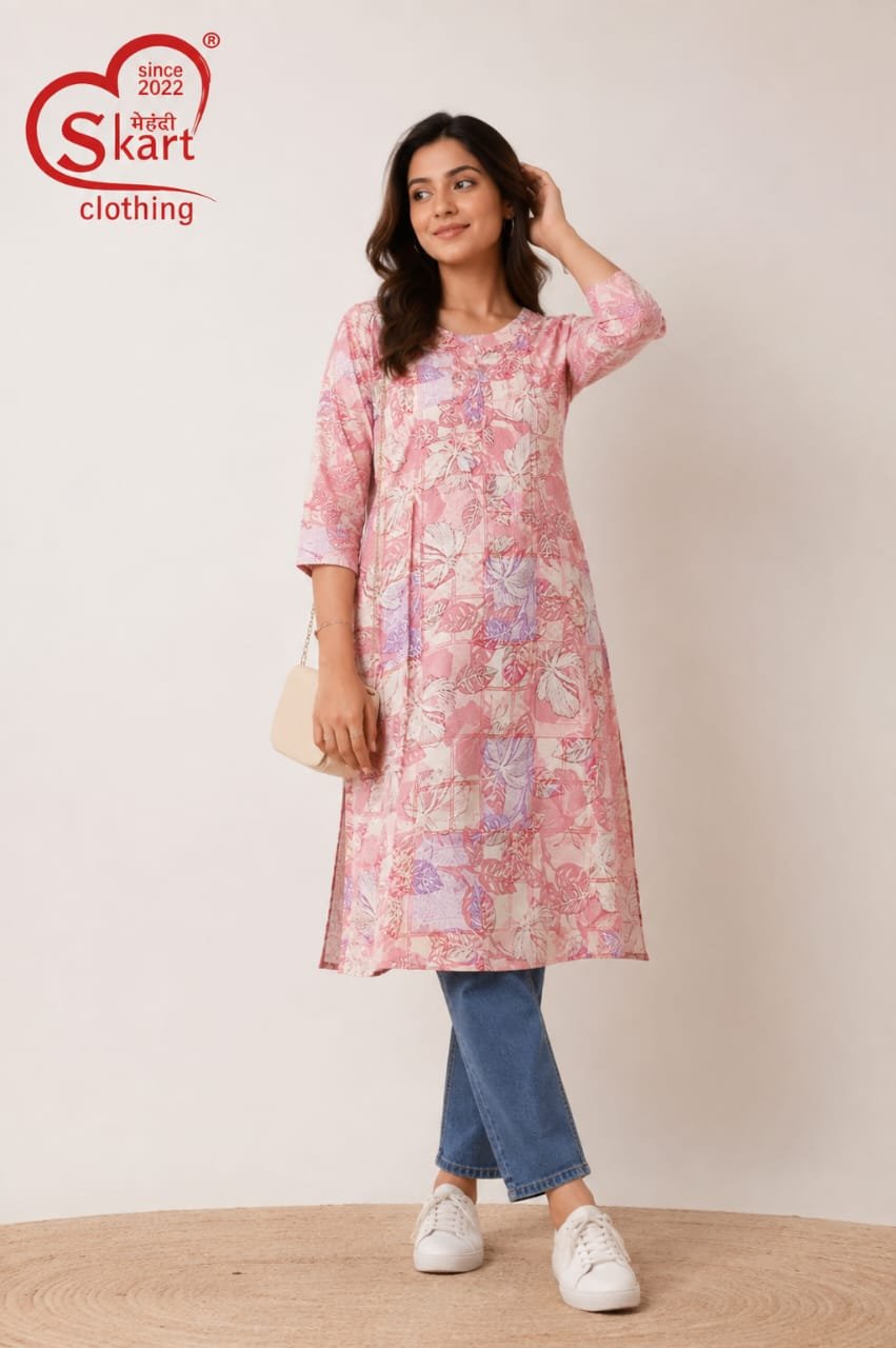 Women’s Pink Floral Printed Straight Kurti - View 2