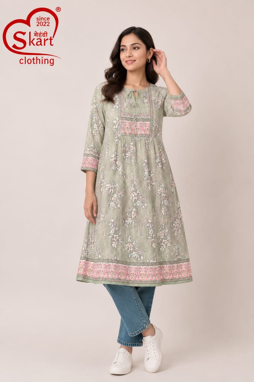 Women’s Green Floral Printed Kurti – Elegant Everyday Wear - View 2