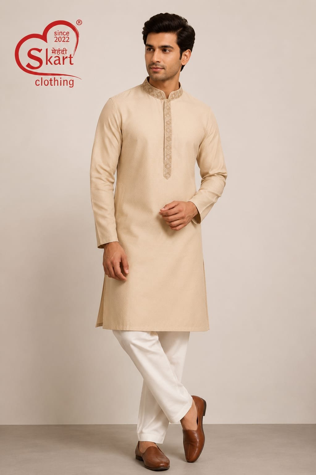 Men’s Beige Embroidered Straight Kurta with White Pajama - View 2