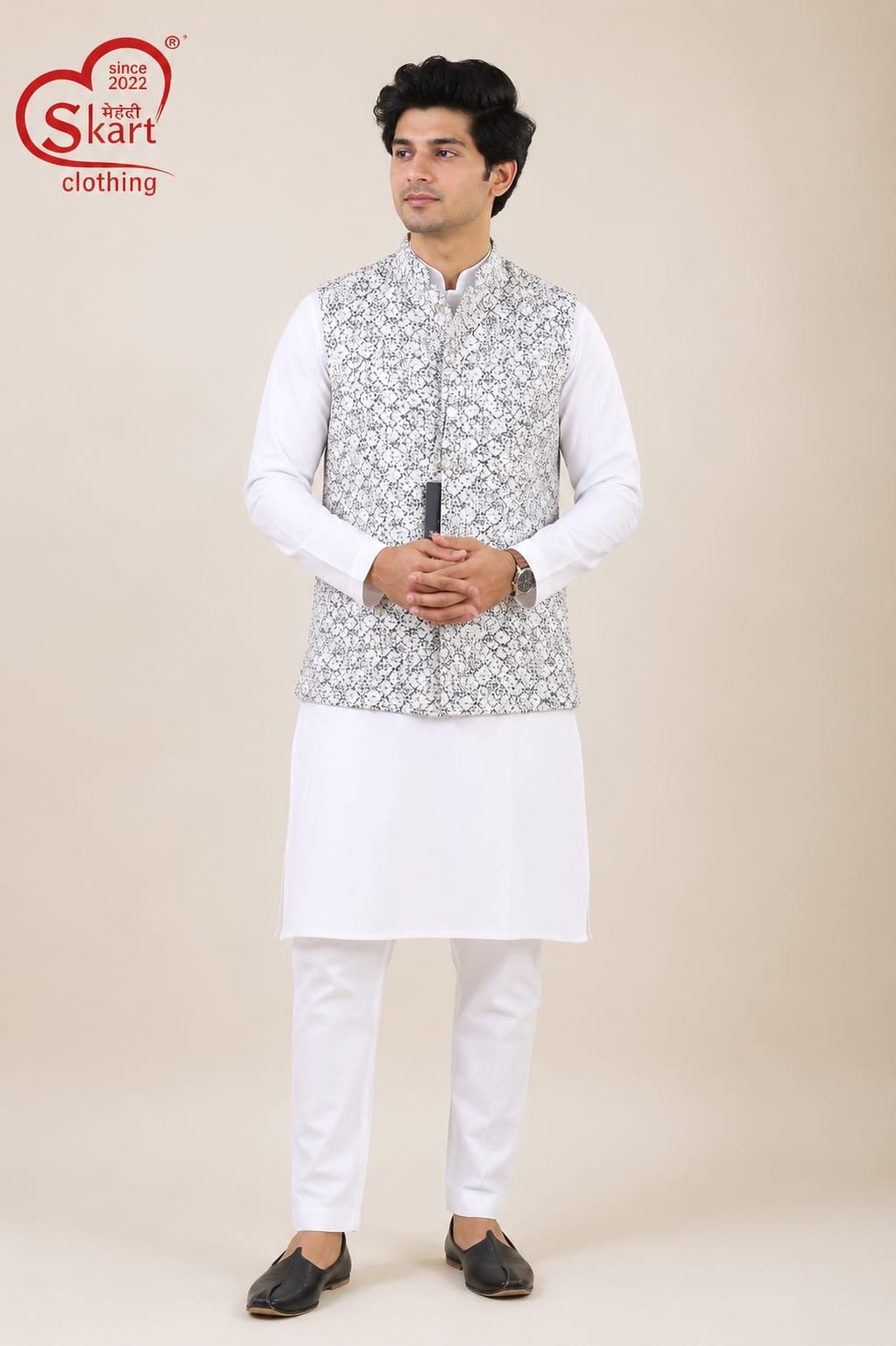 Men’s Black & White Printed Nehru Jacket - View 2