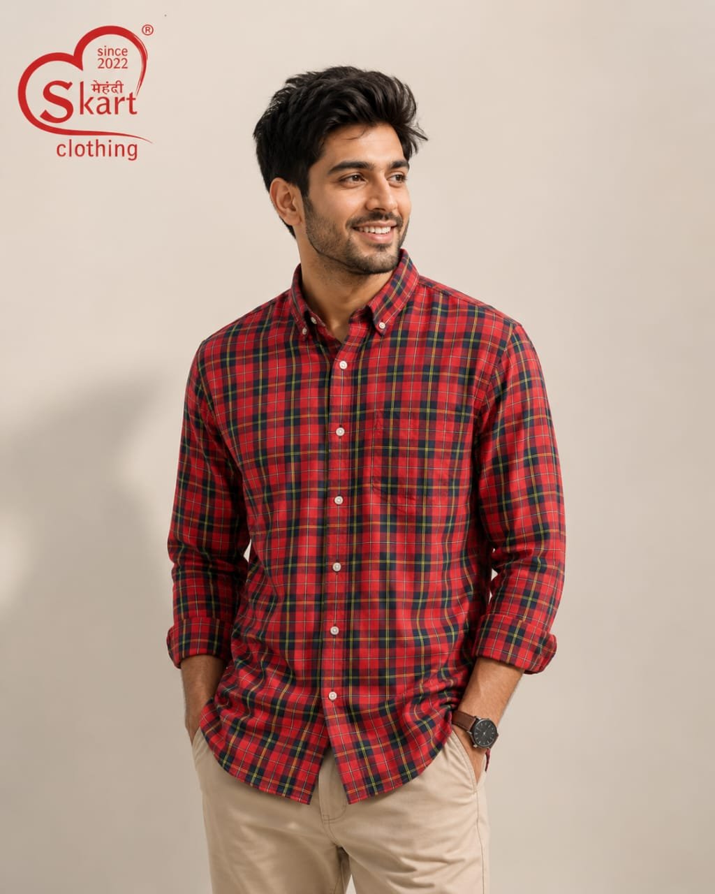 Men's Red & Navy Checkered Full Sleeve Casual Shirt - View 2