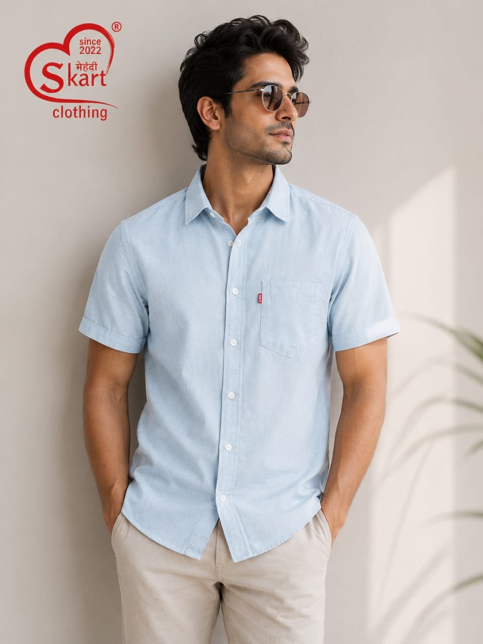 Sky Blue Solid Half Sleeve Shirt for Men - View 2