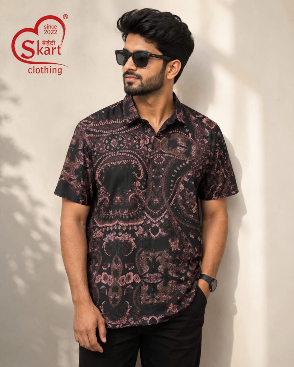 Black & Pink Printed Half Sleeve Shirt for Men - View 2