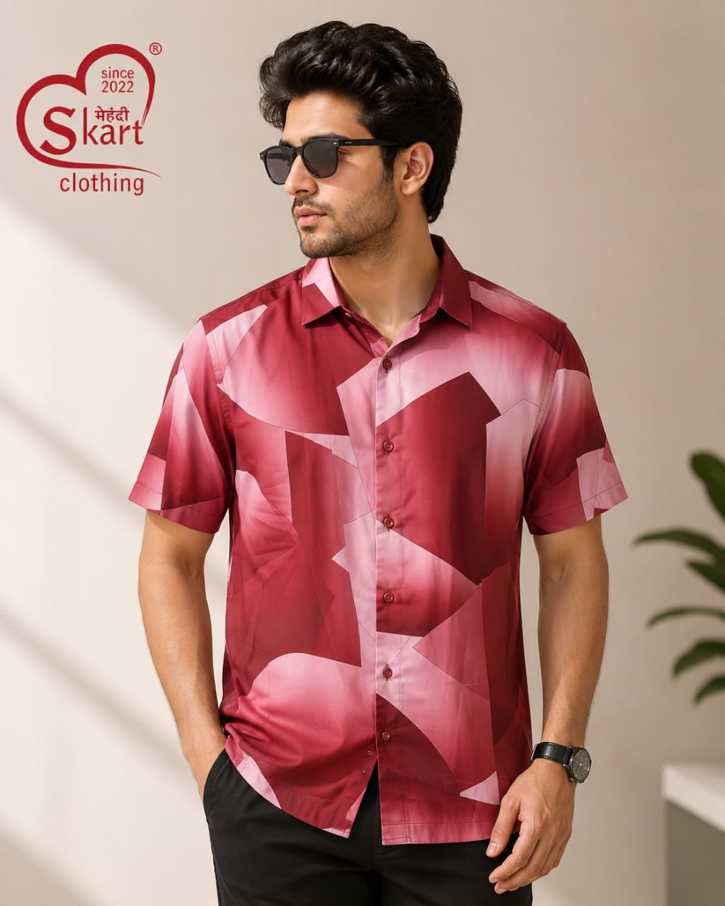 Maroon & Pink Geometric Printed Half Sleeve Shirt for Men - View 2