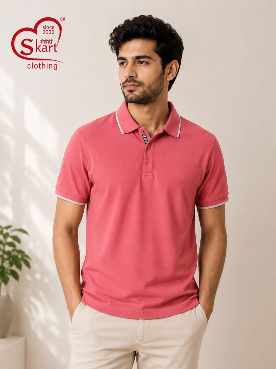 Pink Solid Polo T-Shirt with Contrast Trim for Men - View 2