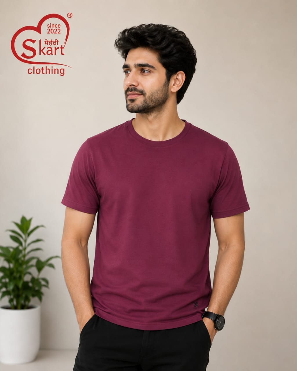 Maroon Solid Round Neck T-Shirt for Men - View 2