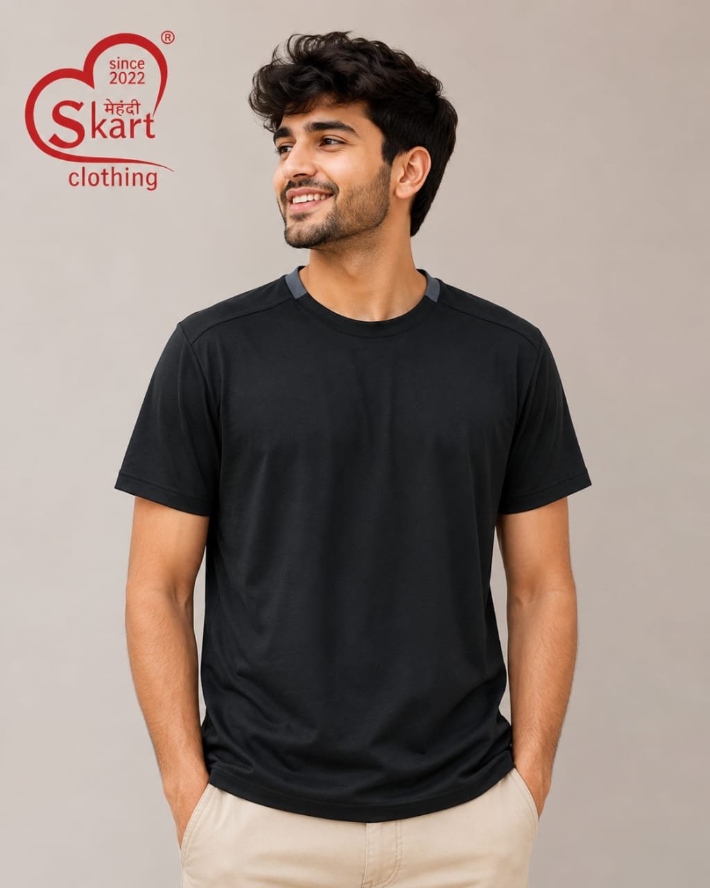 Black Solid Round Neck T-Shirt with Contrast Detail for Men - View 2
