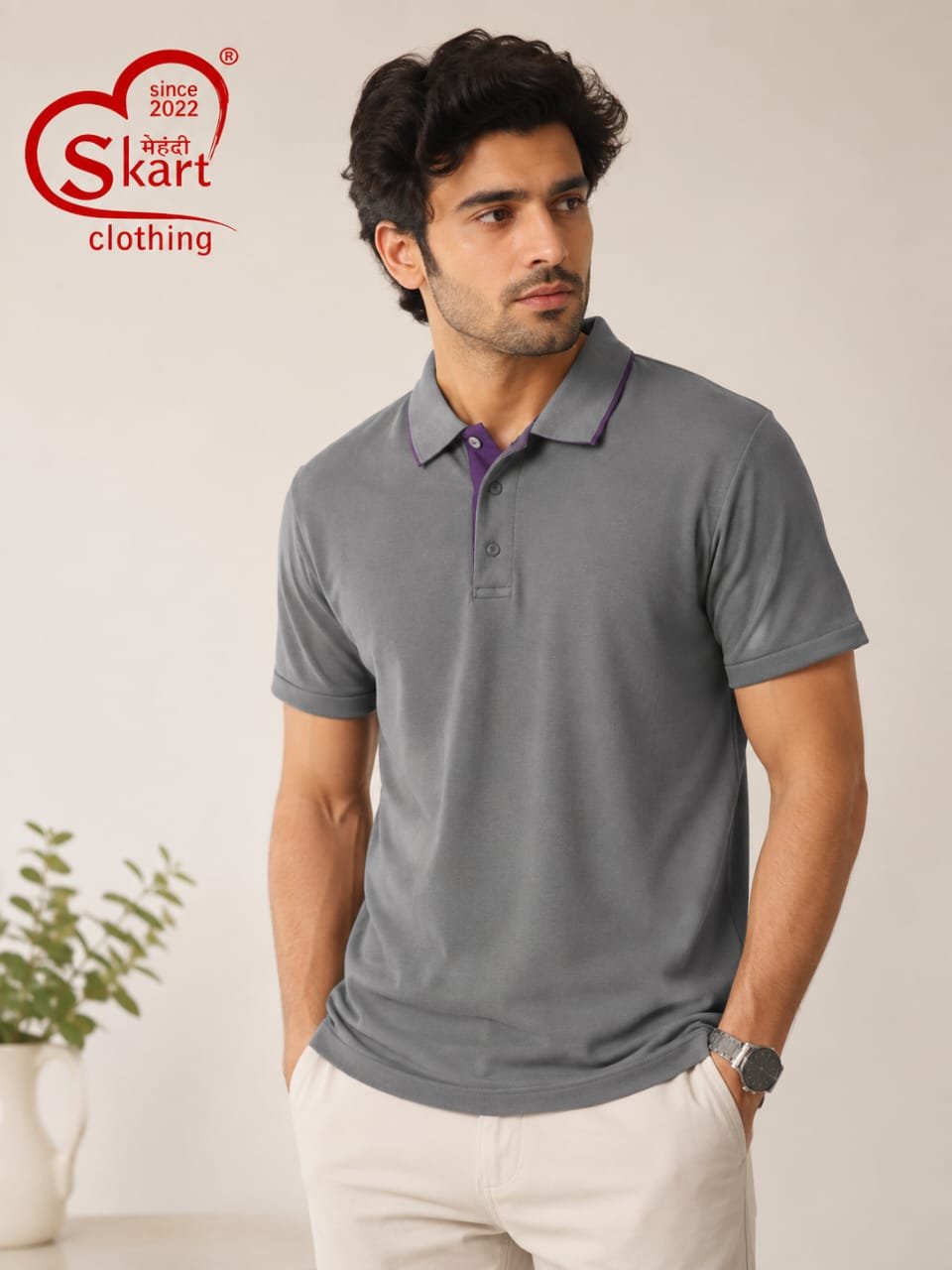 Grey Solid Polo T-Shirt with Contrast Collar for Men - View 2