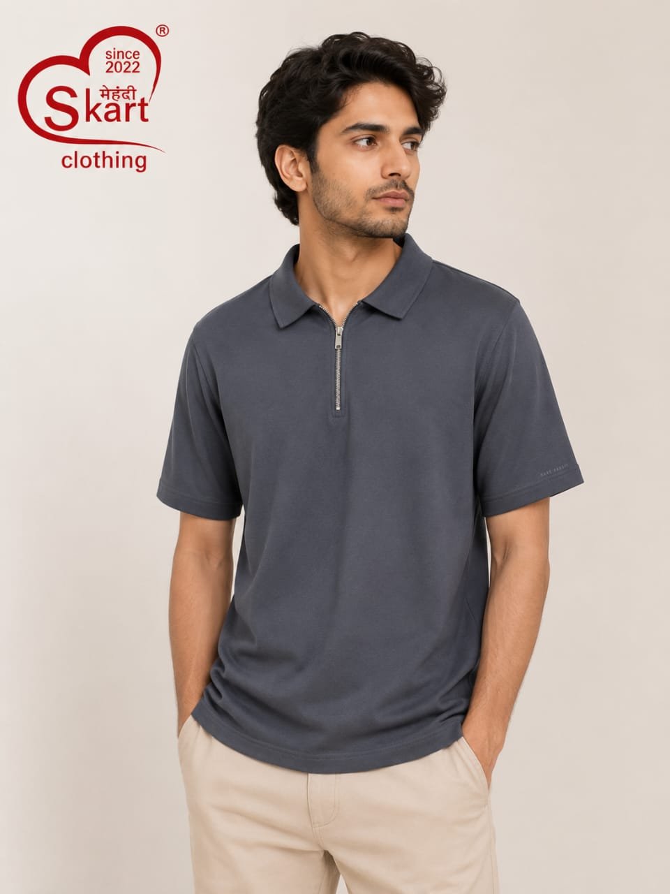 Charcoal Grey Half-Zip Polo T-Shirt for Men - View 2