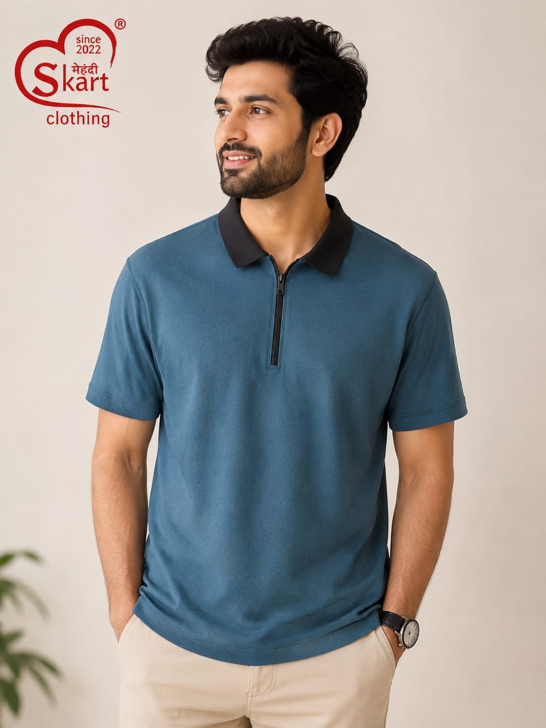 Teal Blue Solid Half-Zip Polo T-Shirt with Black Collar for Men - View 2