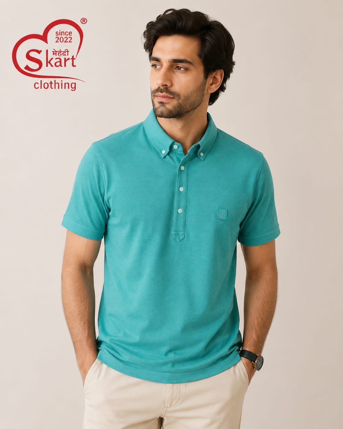 Turquoise Blue Solid Button-Down Polo T-Shirt for Men - View 2