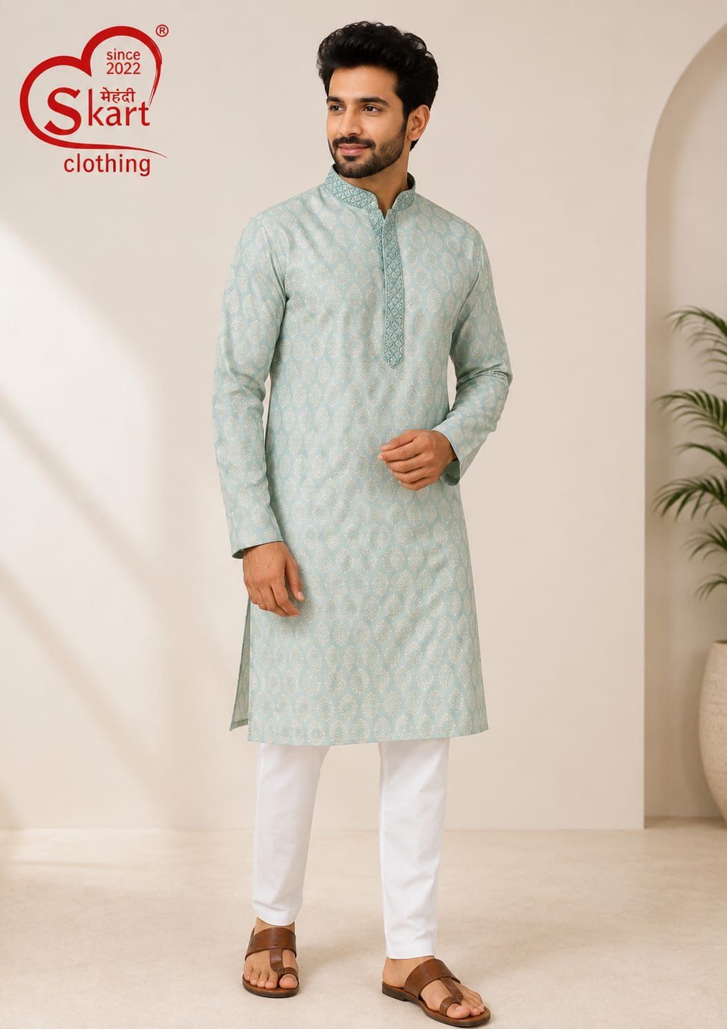 Men's Light Green Printed Kurta – Full Sleeve Ethnic Wear - View 2