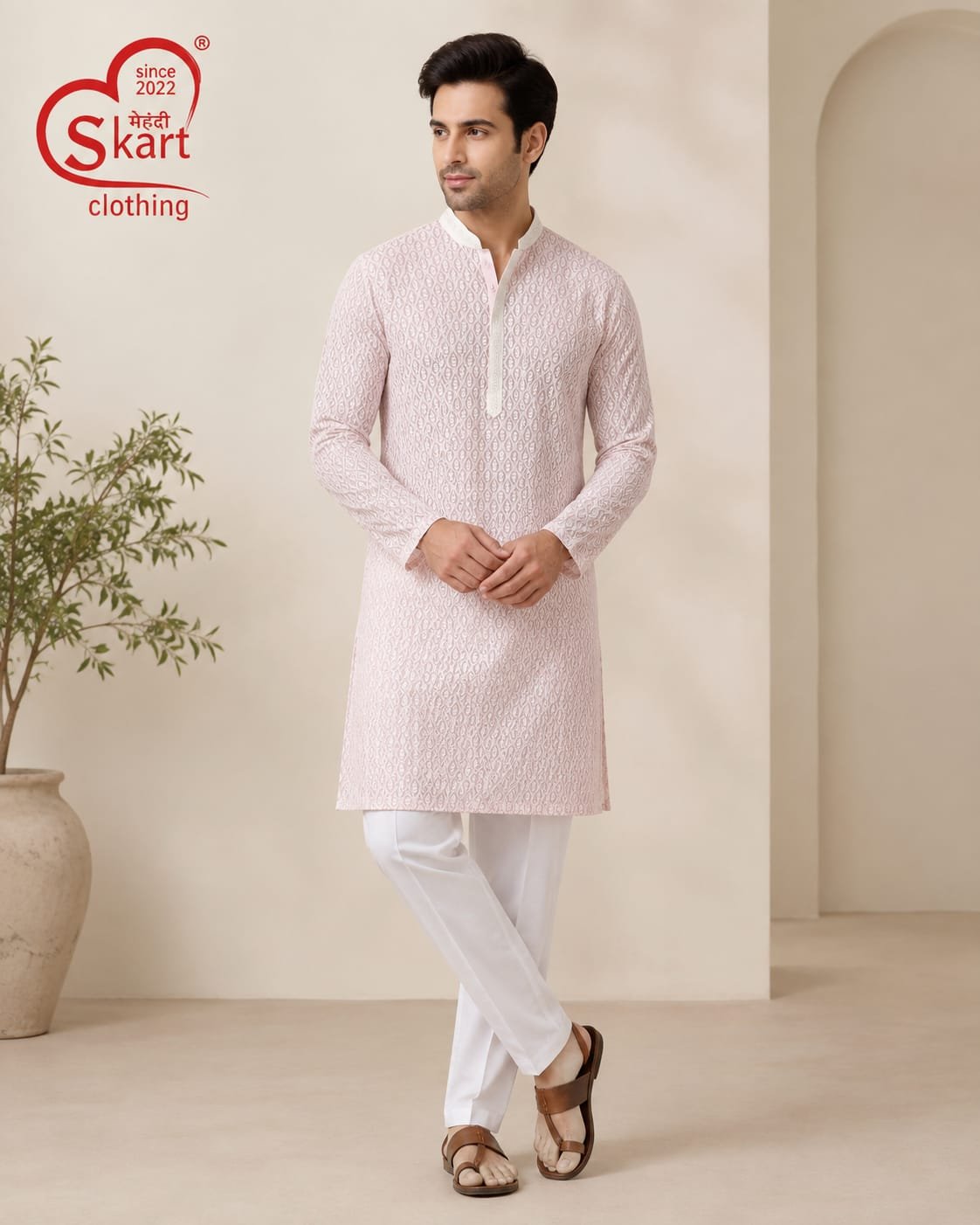 Men's Light Pink Printed Kurta – Elegant Full Sleeve Ethnic Wear - View 2