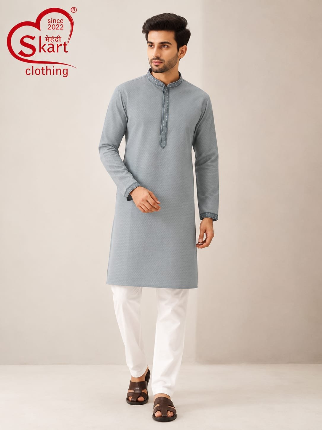Men's Grey Textured Kurta – Elegant Full Sleeve Ethnic Wear - View 2