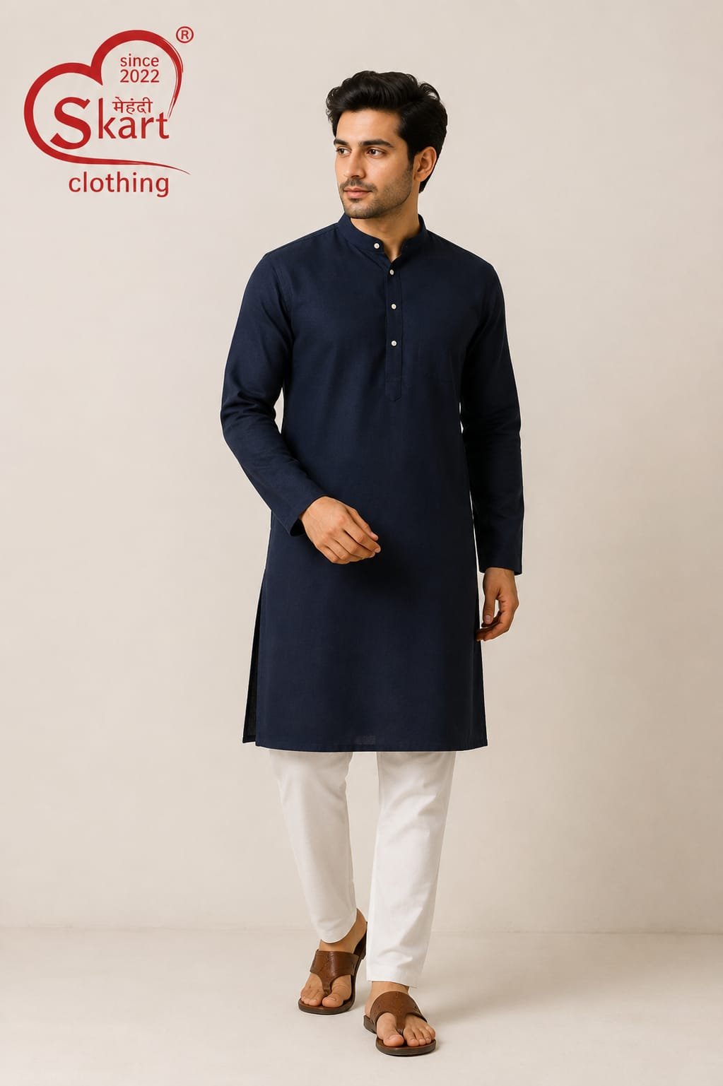 Men’s Navy Blue Solid Kurta – Classic Full Sleeve Ethnic Wear - View 2
