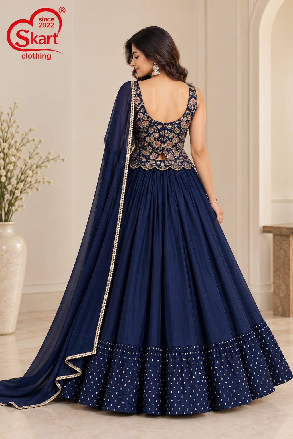 Blue Embroidered lahenga - View 2