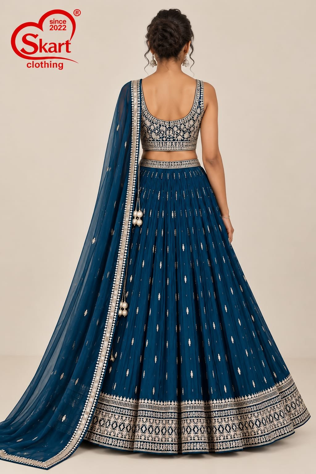 Women's Royal Blue Embroidered Crop Top Lehenga Set with Dupatta – Premium Festive & Wedding Wear - View 2