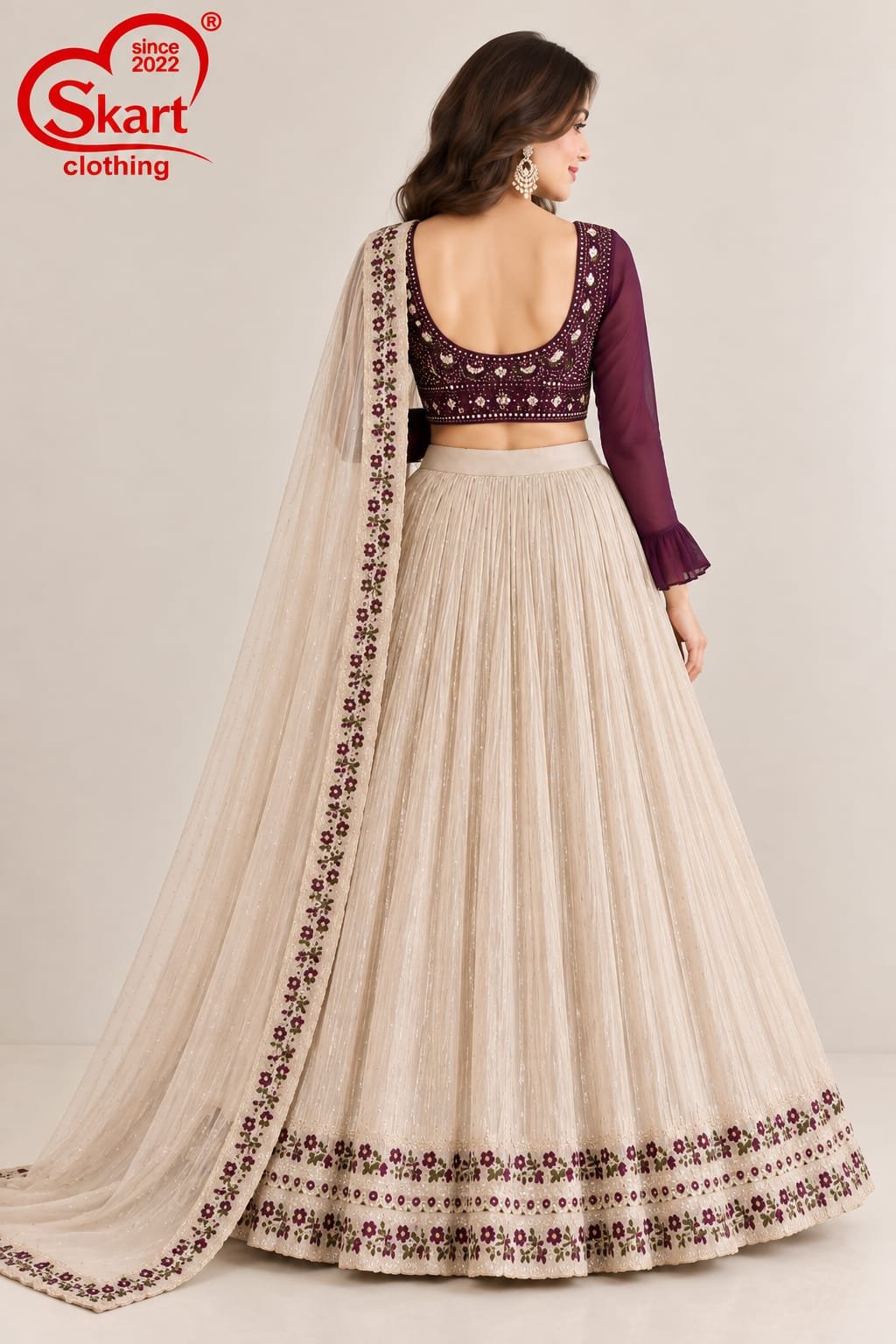 Women's Ivory & Wine Embroidered Crop Top Lehenga Set with Designer Dupatta – Premium Festive & Wedding Wear - View 2