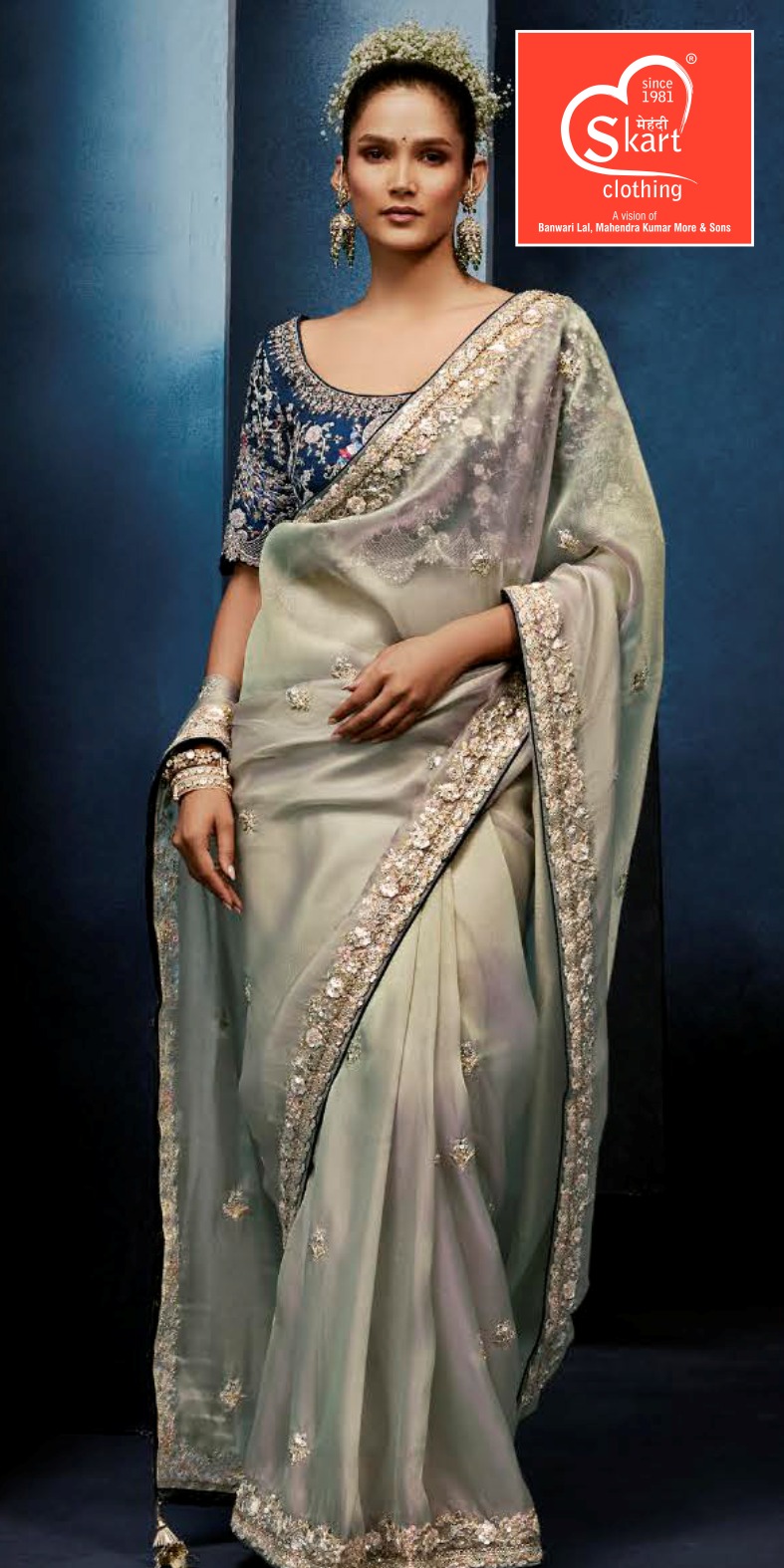 Premium Pure Chiffon Boutique Work Saree with Designer Blouse | Silver Grey Part