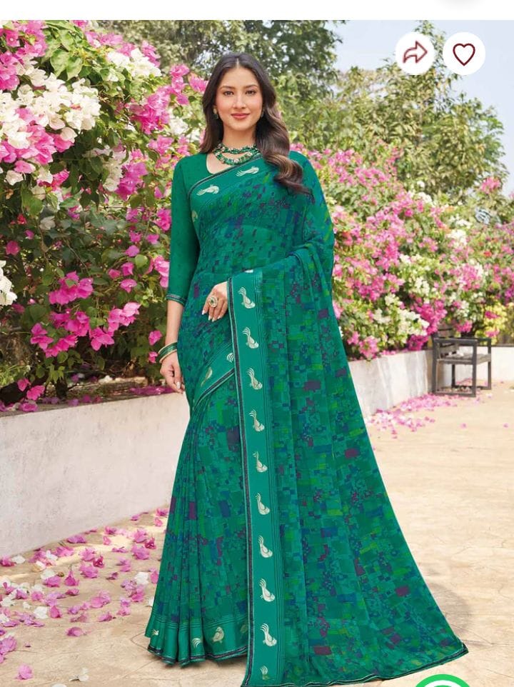 Premium Printed Chiffon Saree with Matching Blouse | Emerald Green Casual & Party Wear Saree