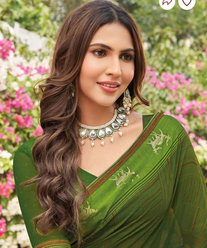 Premium Printed Chiffon Saree with Matching Blouse | Emerald Green Casual & Party Wear Saree