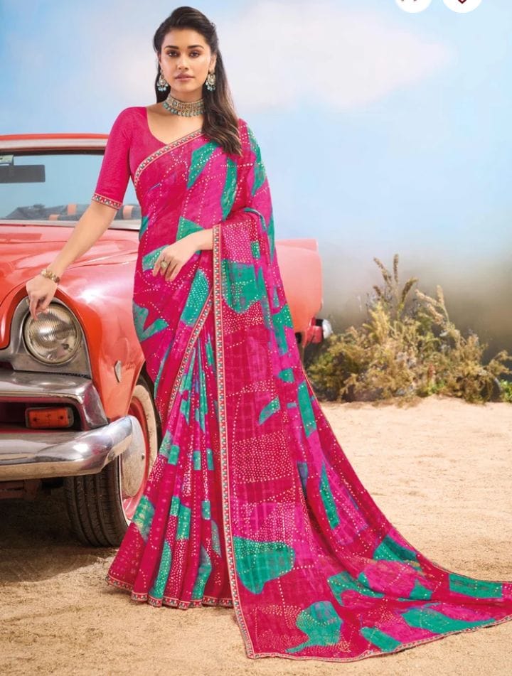 Premium Printed Chiffon Saree with Matching Blouse | Pink Casual & Party Wear Saree