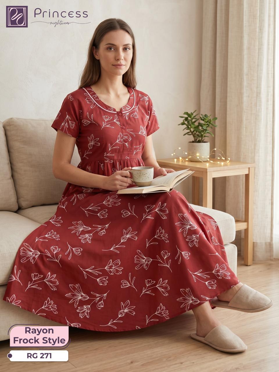Women's Premium Rayon Frock Style Nighty – Floral Printed Full-Length Nightwear