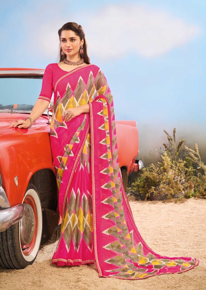 Women's Premium Chiffon Printed Saree – Elegant Geometric Designer Ethnic Wear