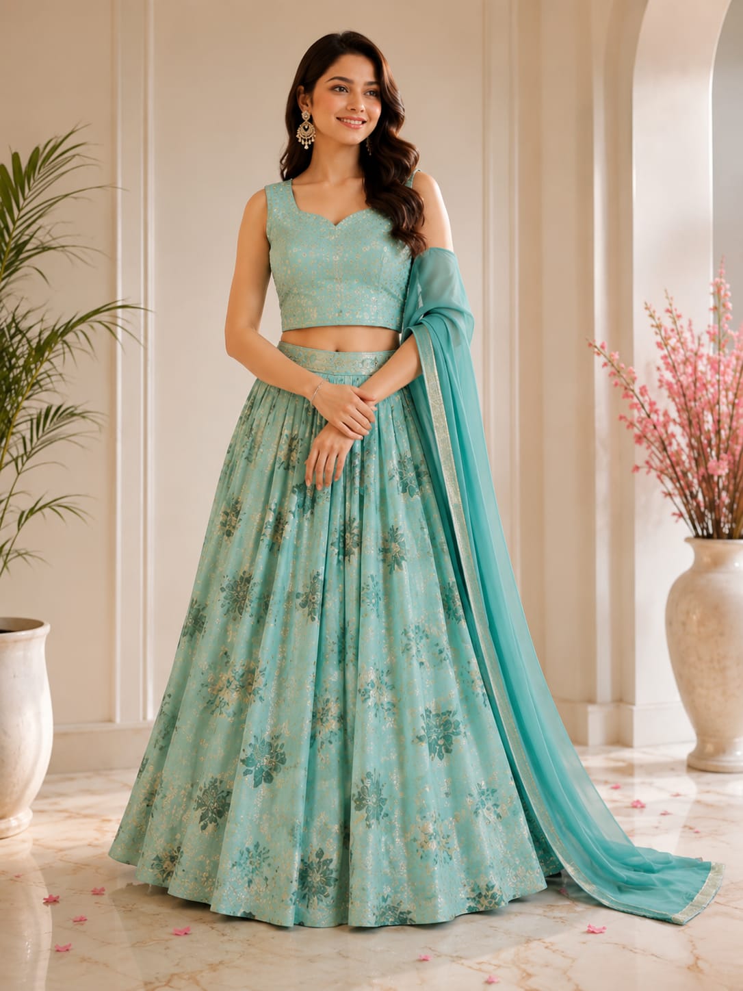 Women's Floral Printed Crop Top Lehenga Set with Dupatta – Designer Festive & Party Wear