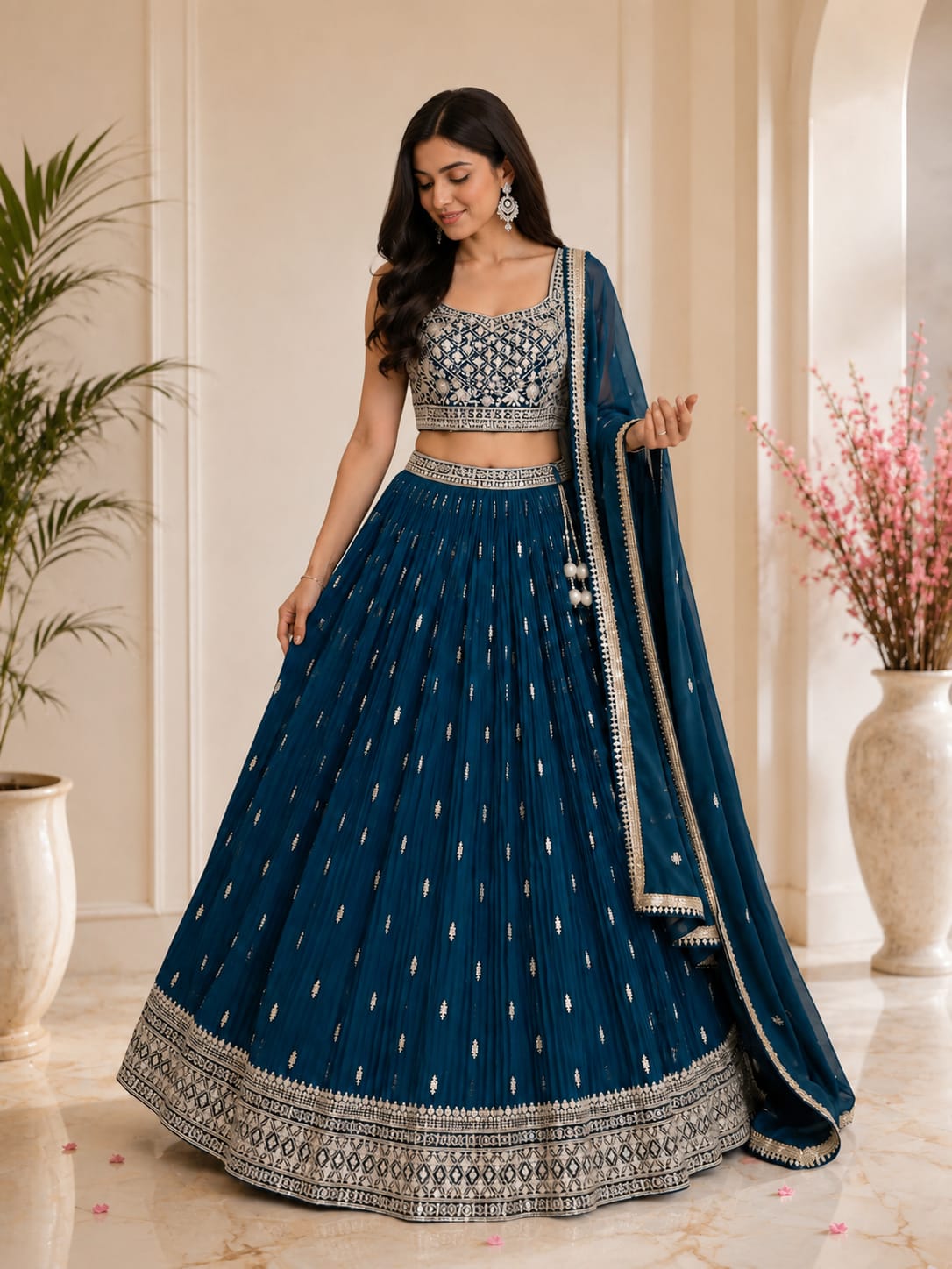 Women's Royal Blue Embroidered Crop Top Lehenga Set with Dupatta – Premium Festive & Wedding Wear