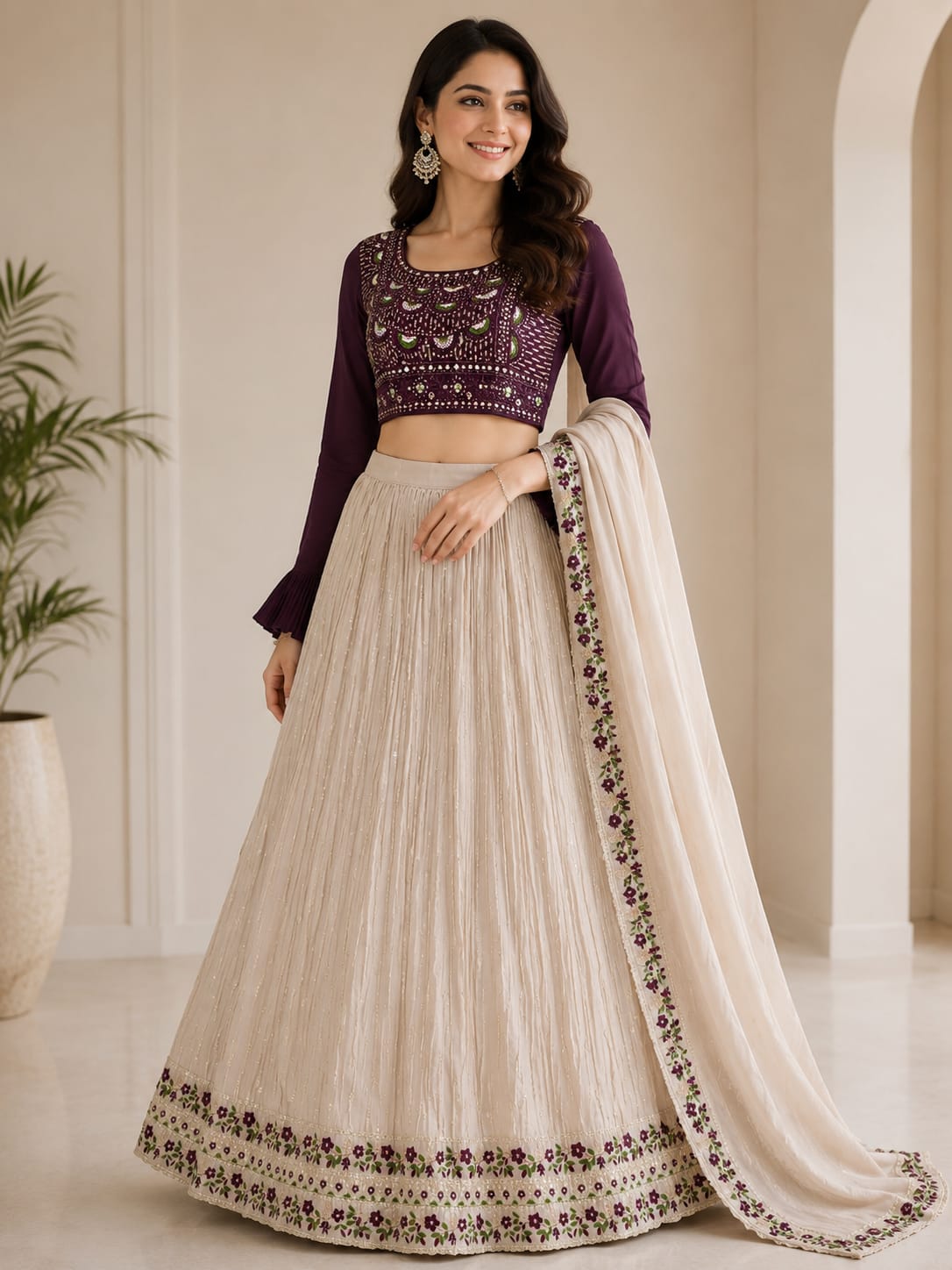 Women's Ivory & Wine Embroidered Crop Top Lehenga Set with Designer Dupatta – Premium Festive & Wedding Wear