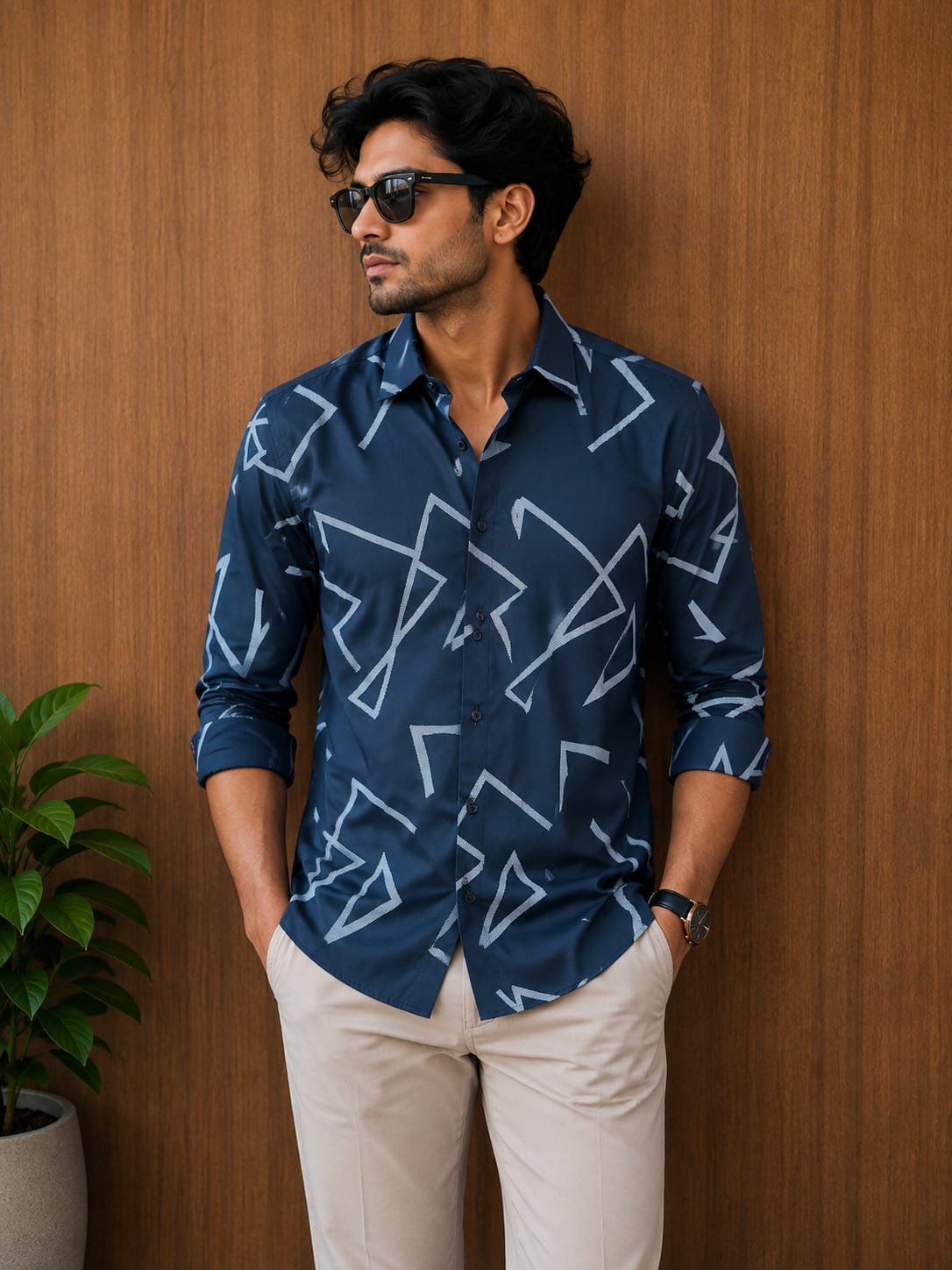 Rare Rabbit Men's Navy Blue Geometric Printed Premium Cotton Shirt