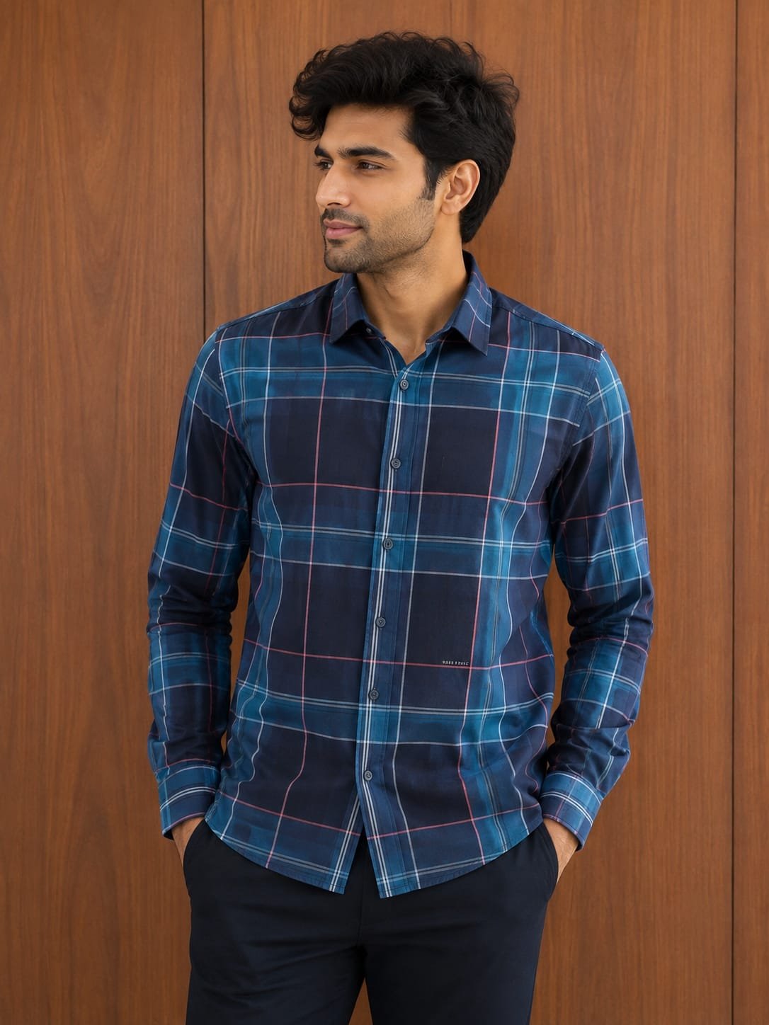 Rare Rabbit Men's Navy Blue Checked Premium Cotton Shirt