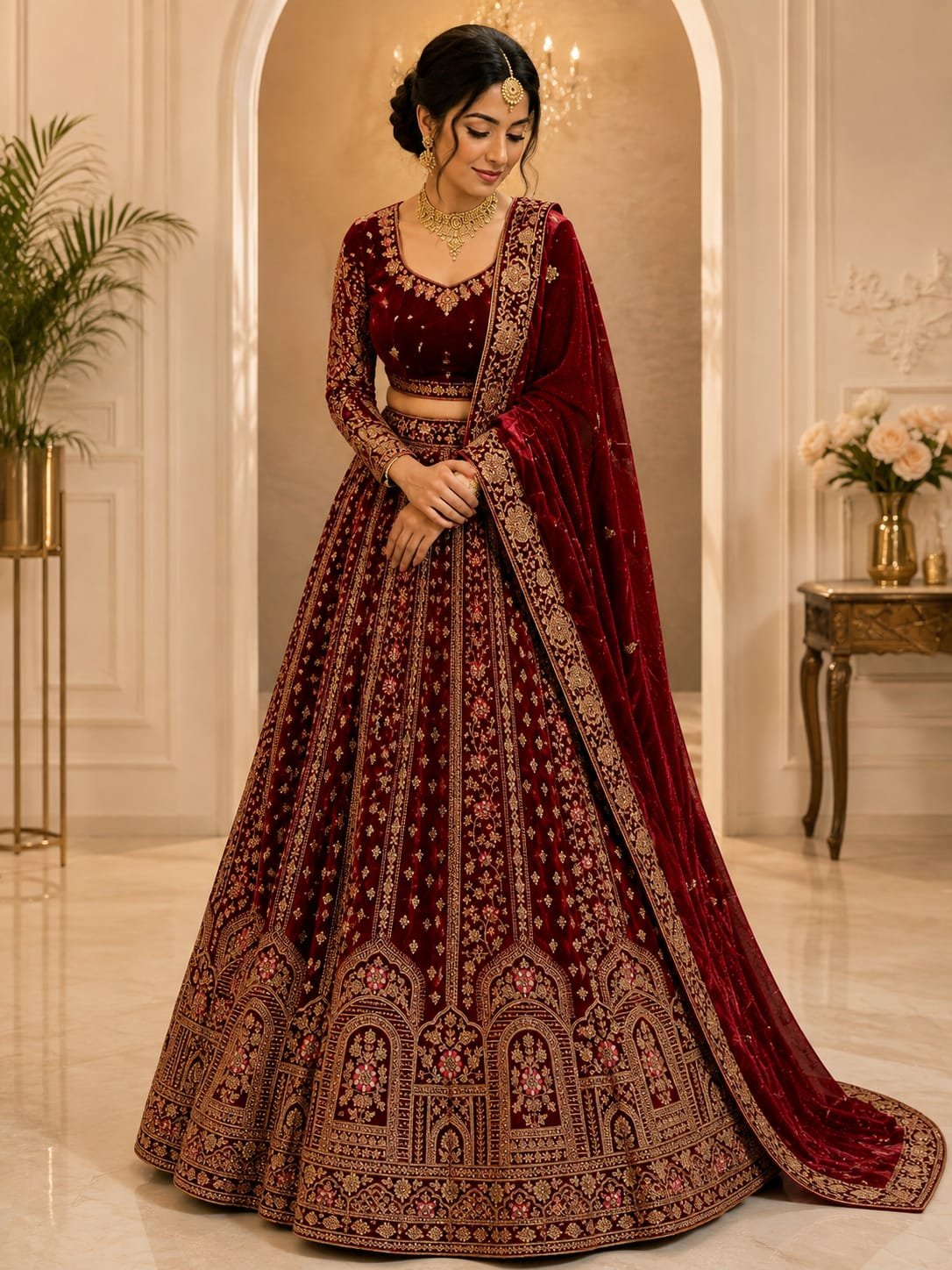 Royal Wine Velvet Bridal Lehenga with Antique Gold Embroidery