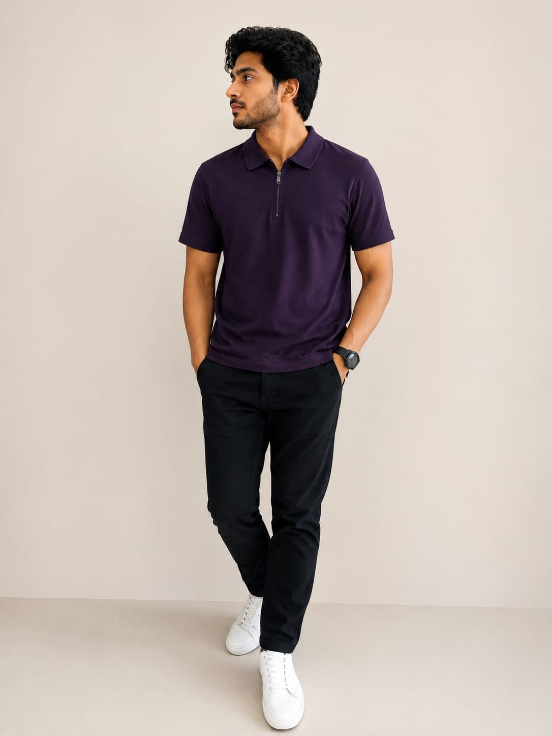 Rare Rabbit Men’s Purple Zip-Collar Polo T-Shirt