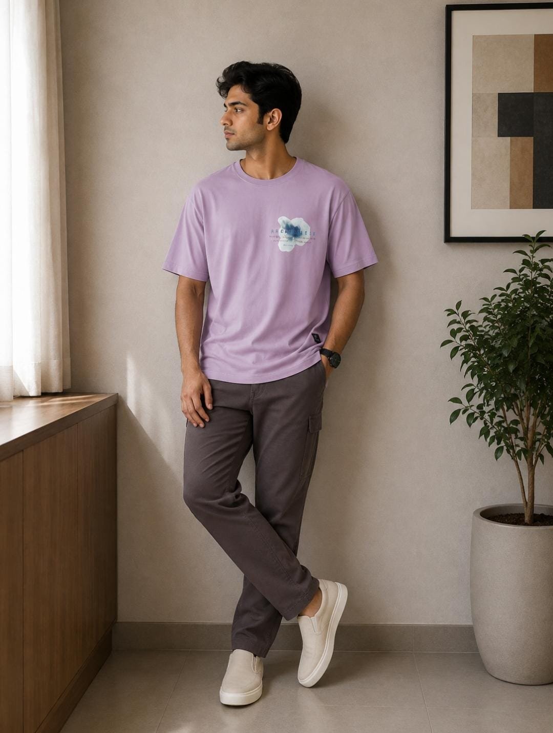 Rare Rabbit Men’s Lavender Graphic Print Crew-Neck T-Shirt