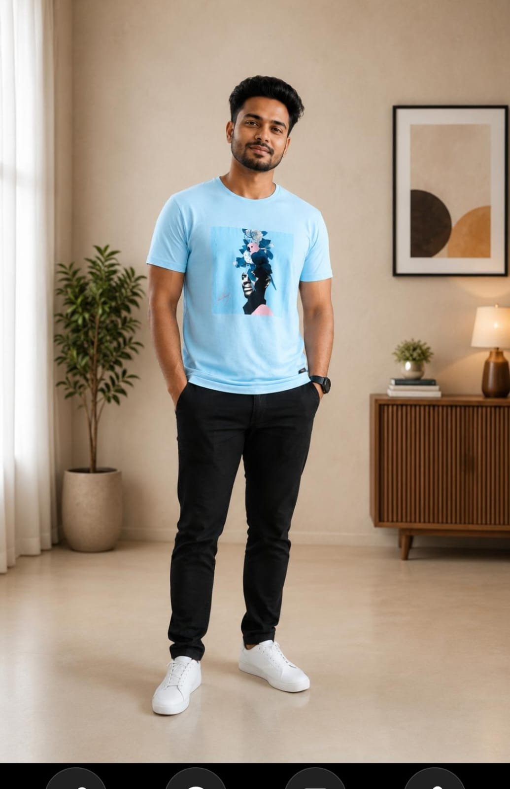 Rare Rabbit Men’s Sky Blue Artistic Graphic Print Crew-Neck T-Shirt