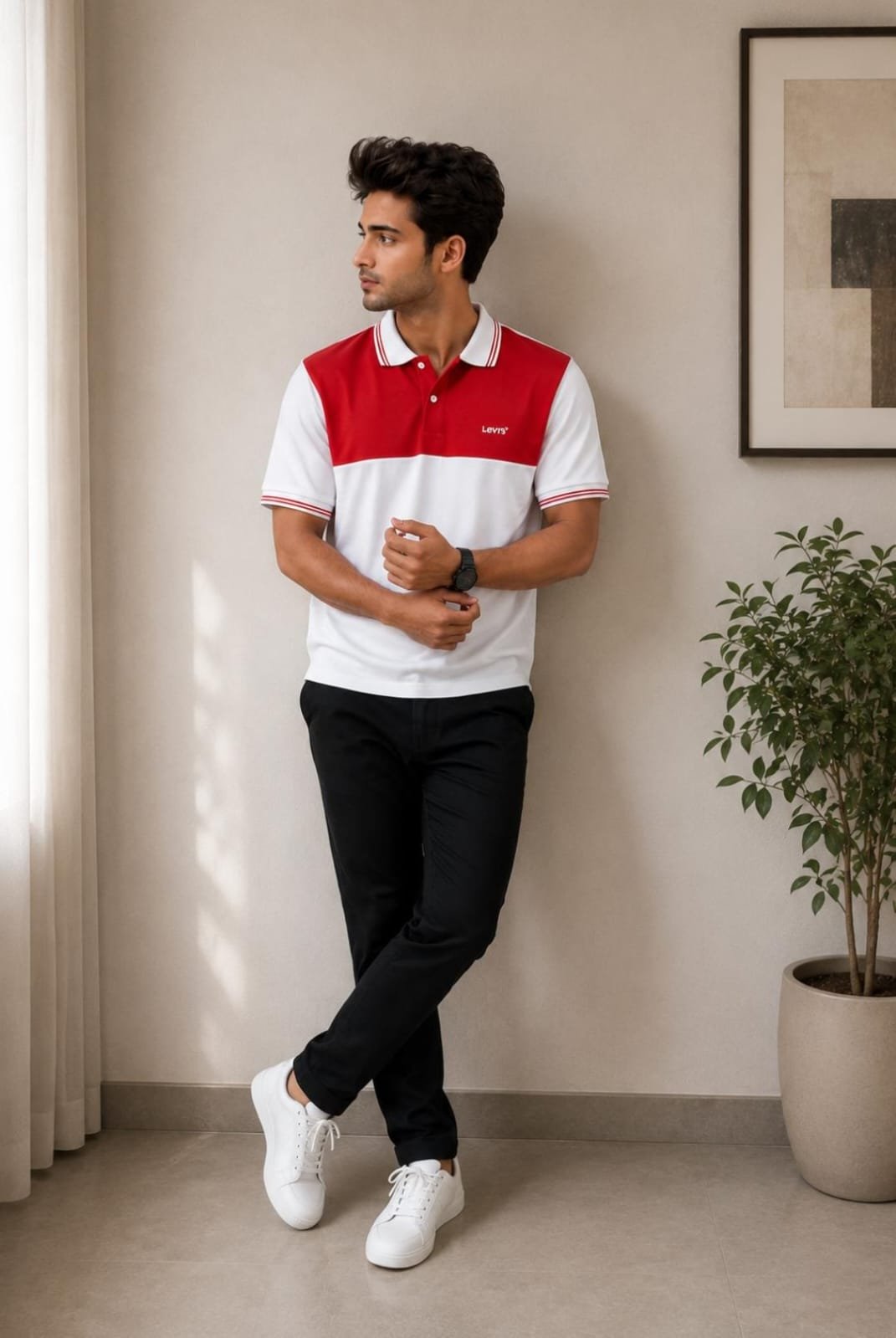 Levi’s Men’s Red and White Colour-Block Polo T-Shirt