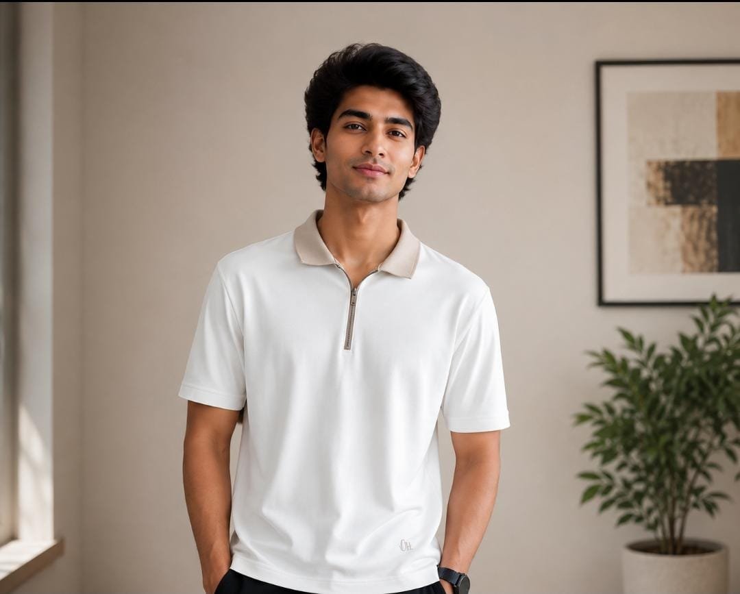 Rare Rabbit Men’s White Zip-Collar Polo T-Shirt
