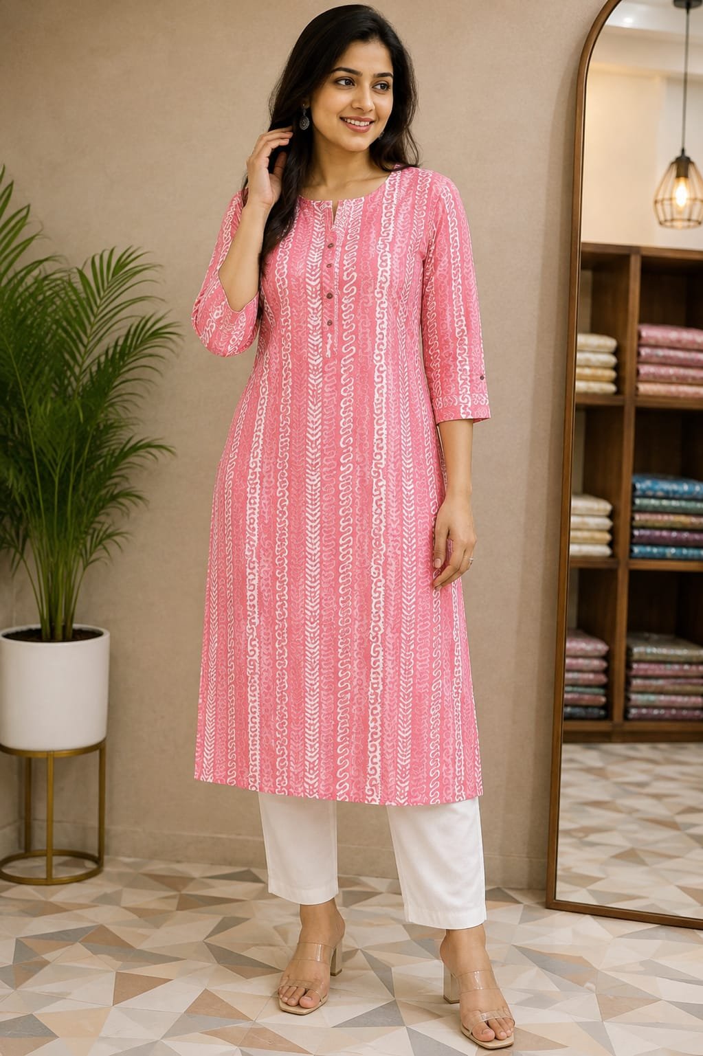 Pink and White Printed Straight Kurti for Women