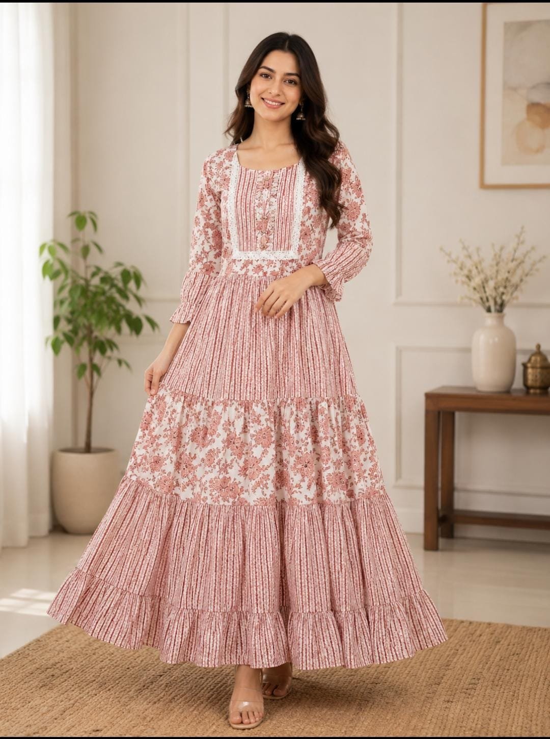 Blush Pink Floral Printed Tiered Anarkali Dress