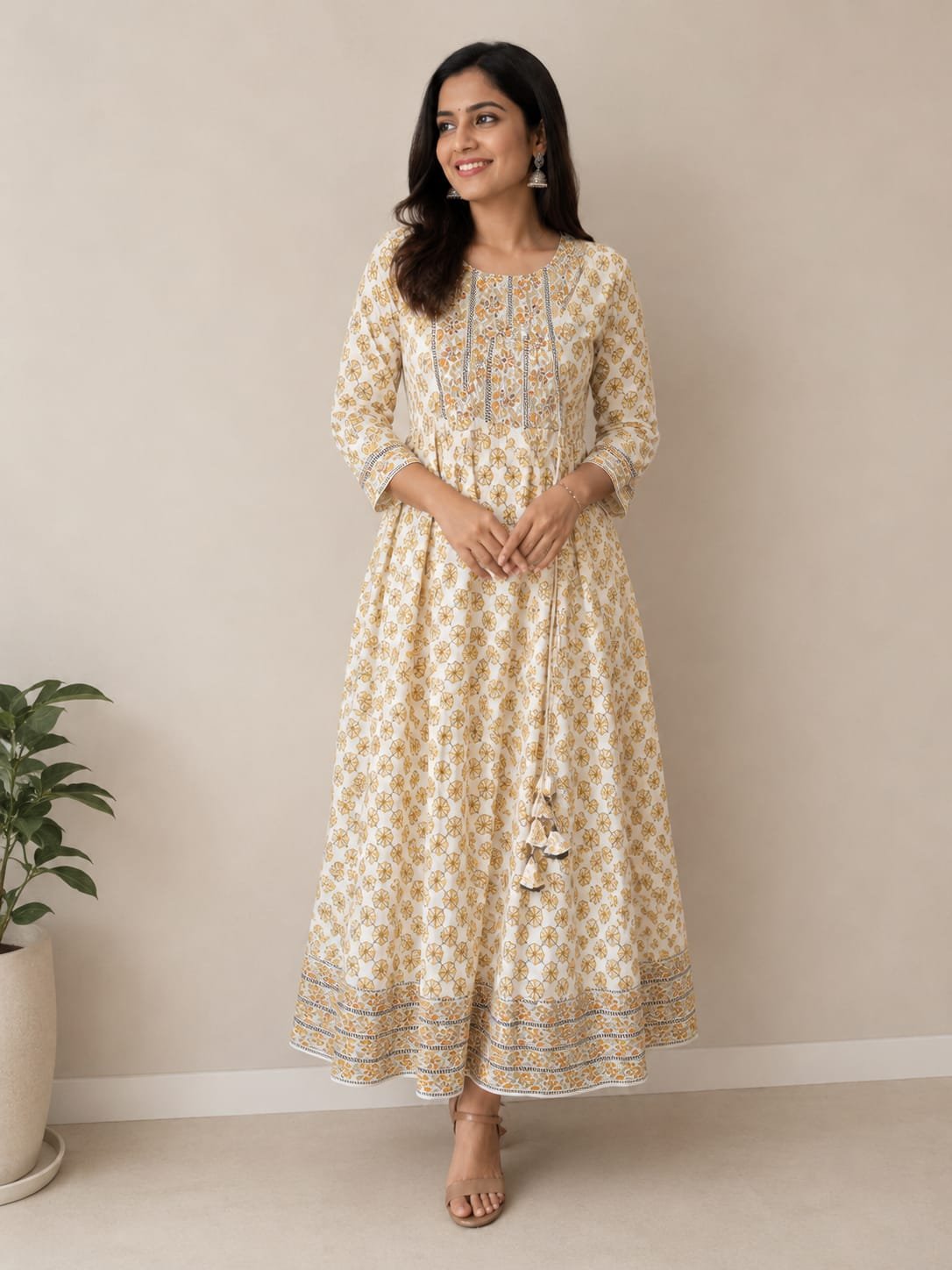 Ivory and Mustard Floral Printed Flared Anarkali Kurti for Women